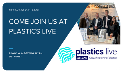 Bjørn Thorsen A/S will exhibit at Plastics Live Ireland, featuring a dark blue and white design with the text 'COME JOIN US AT PLASTICS LIVE' and 'DECEMBER 2-3, 2026'. A small inset photo on the right shows four people standing behind a booth with materials.